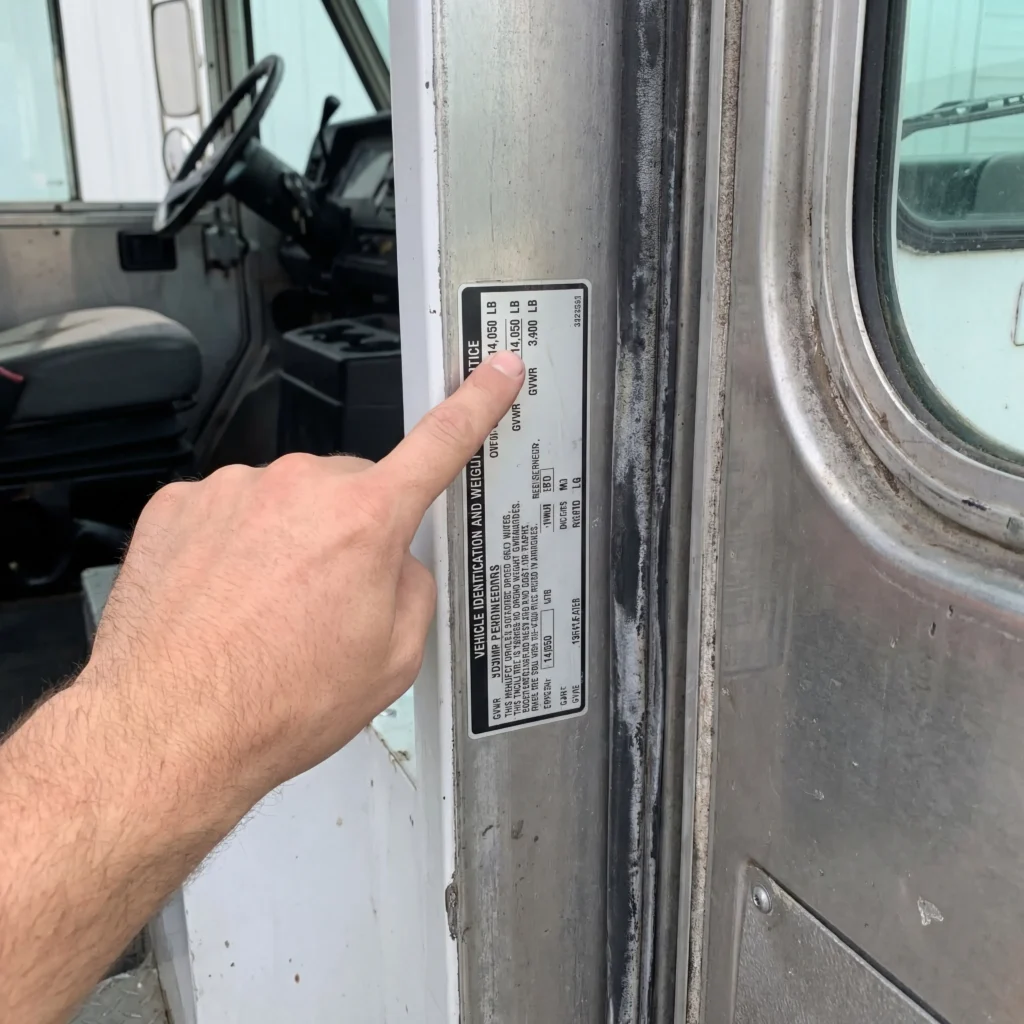 GVWR sticker on step van doorjamb with hand pointing at weight rating used to determine food truck CDL requirements