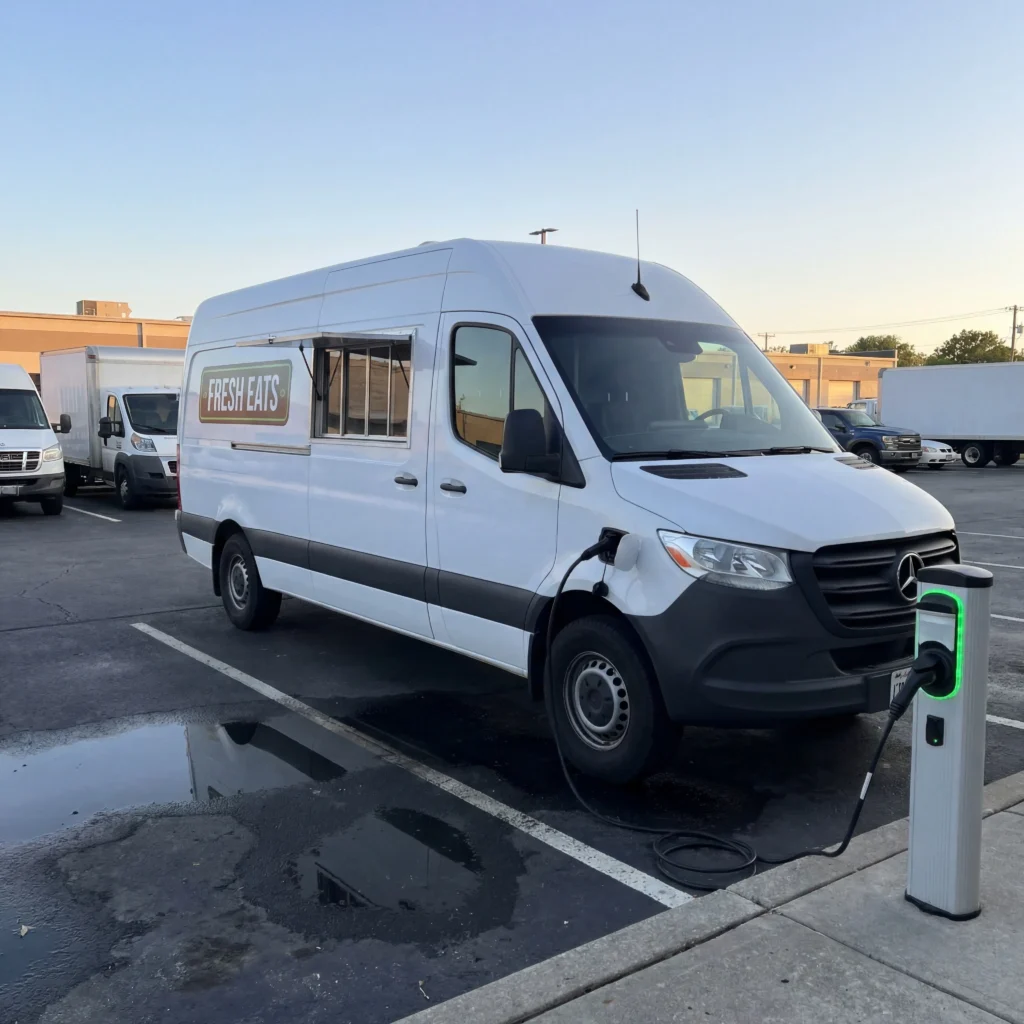 Electric food truck cargo van plugged into Level 2 charging station at commercial lot for overnight charging routine