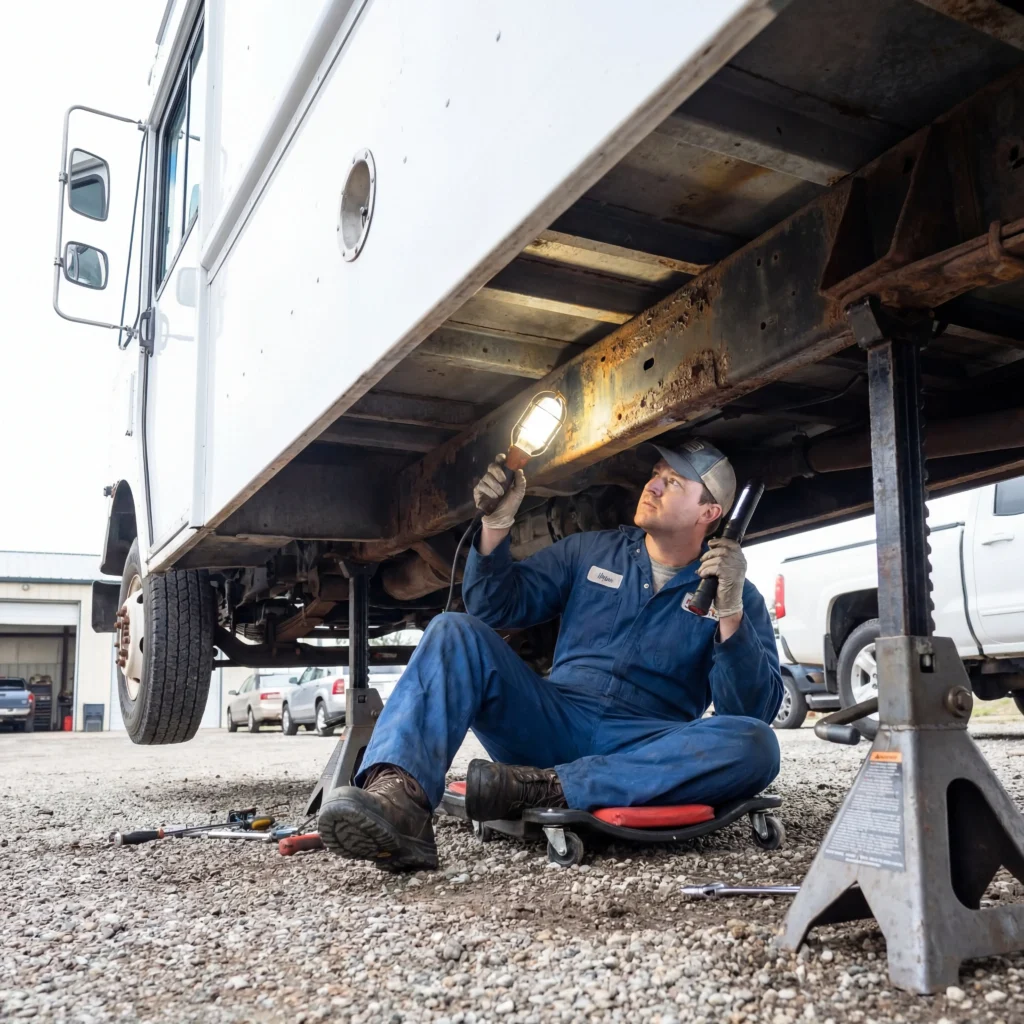 Food truck pre-purchase inspection with mechanic under step van checking frame crossmembers and undercarriage for rust damage