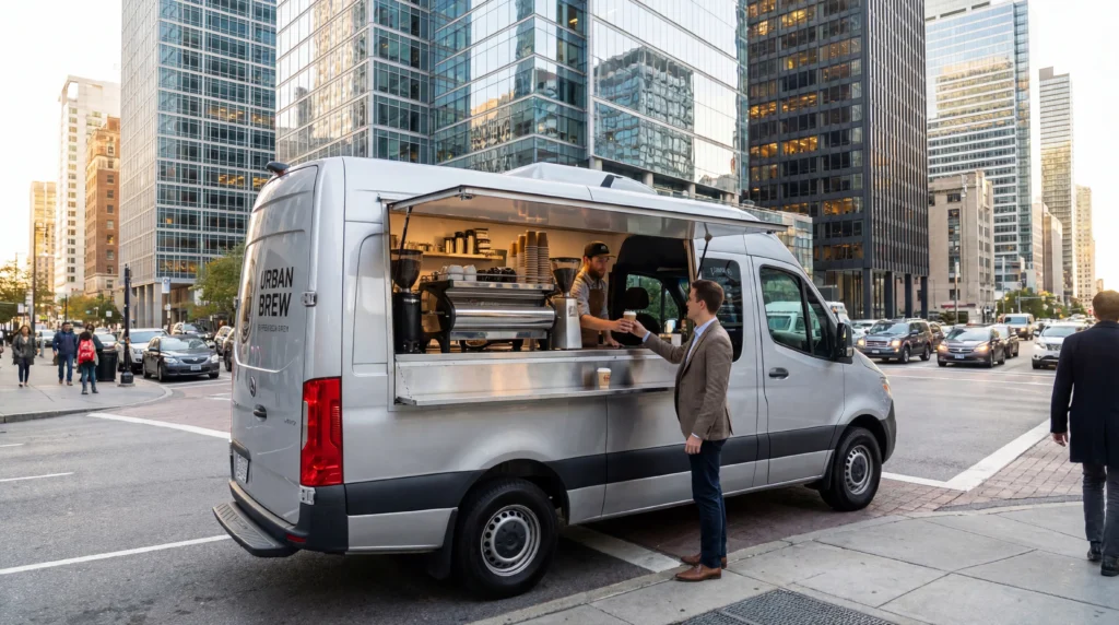 Sprinter van truck for food truck conversion serving coffee in urban downtown setting with slim profile for city parking