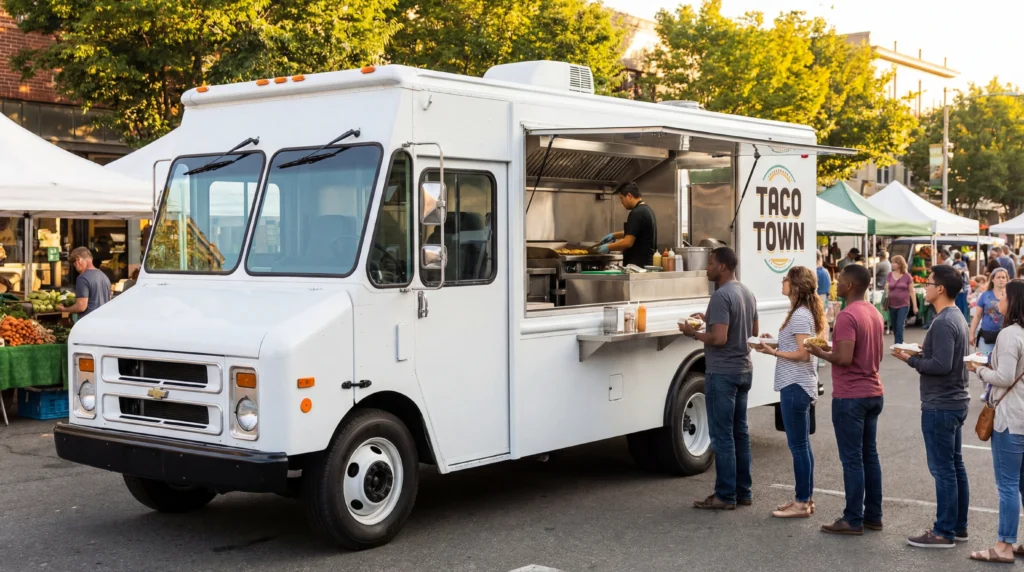Step van truck for food truck conversion with commercial kitchen interior visible through open serving window at farmers market