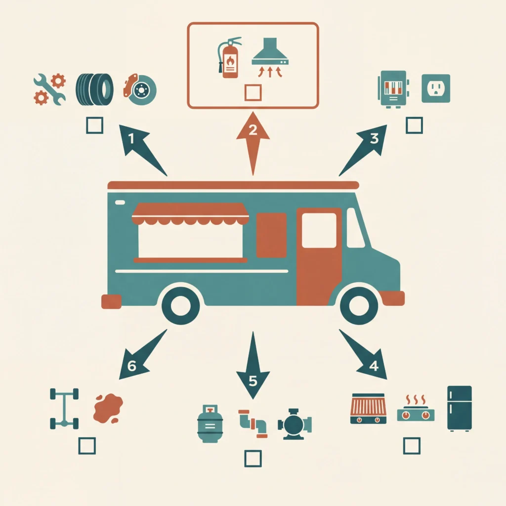 Used food truck buyer inspection checklist with callout arrows for engine, kitchen, propane, and electrical zones