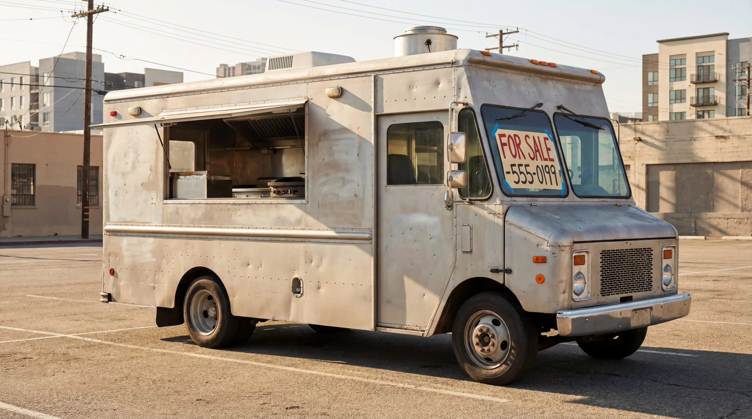 Used food truck with open service window parked on a tree-lined street at golden hour