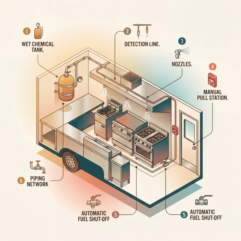 Wet chemical fire suppression components diagram showing tank nozzles detection line and pull station inside a food truck kitchen