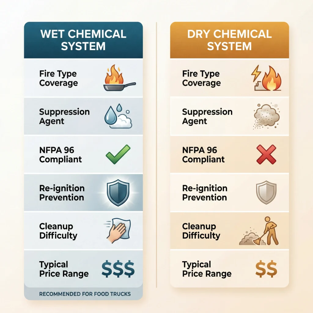Wet chemical versus dry chemical suppression comparison showing fire type coverage compliance and cost differences side by side