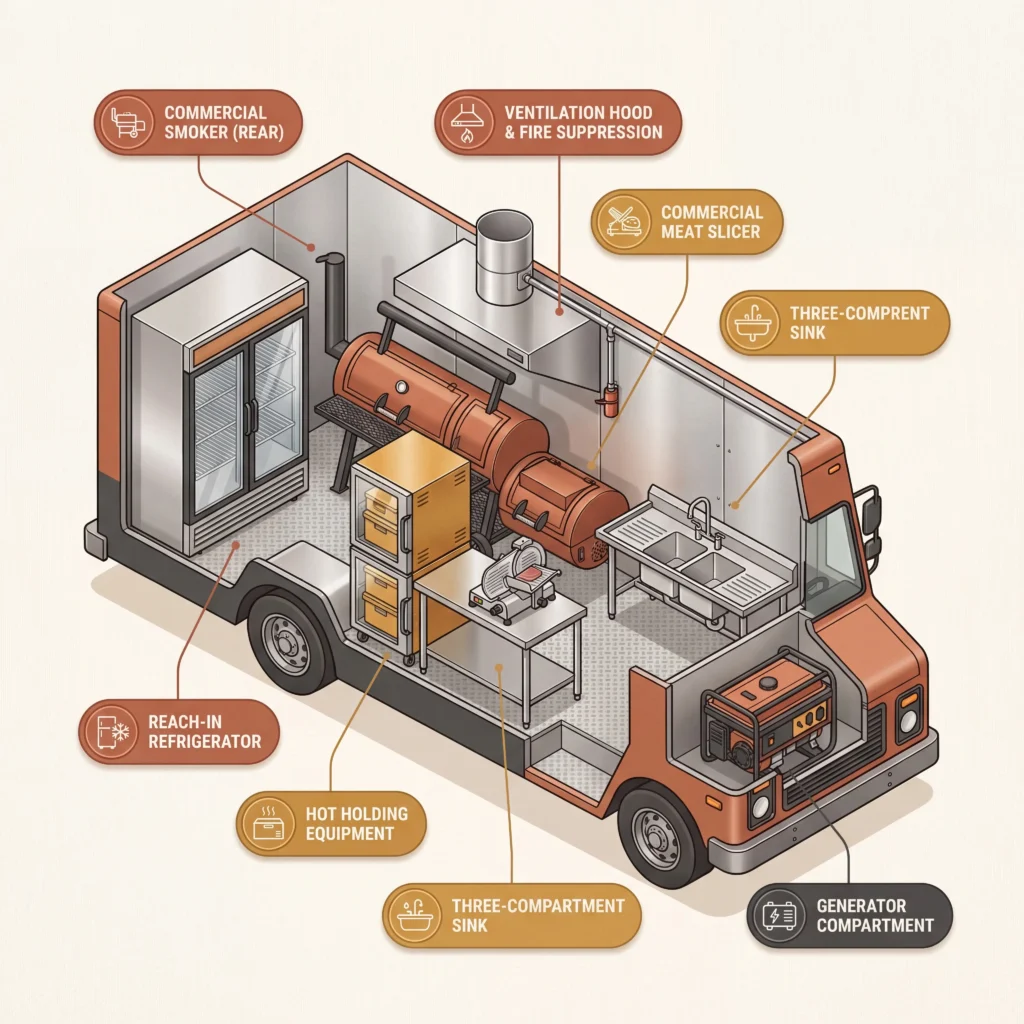 BBQ truck equipment layout diagram showing commercial smoker placement alongside refrigeration hot holding and ventilation in an isometric cutaway view