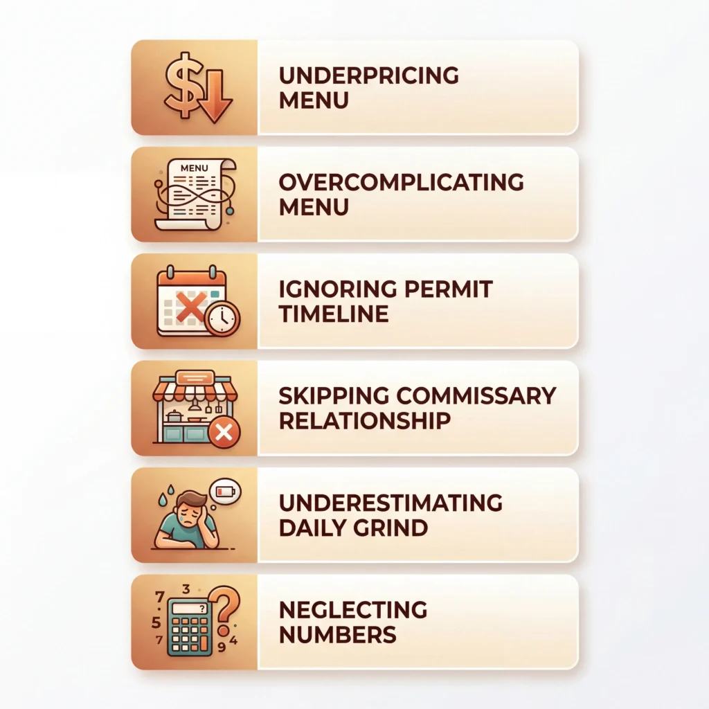 Burger truck owner mistakes checklist showing six common pitfalls including underpricing menus and ignoring permit timelines