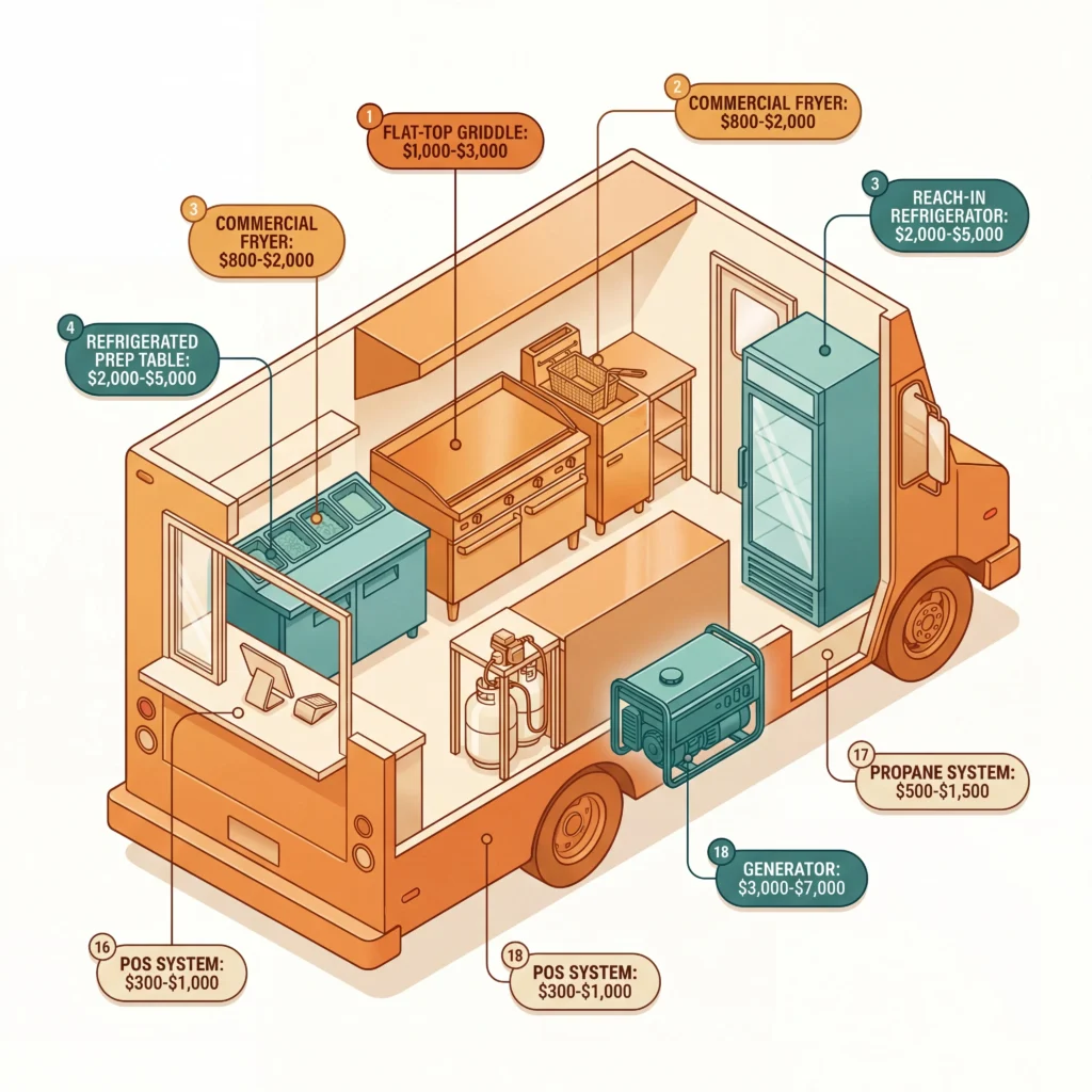 Food truck equipment checklist showing essential burger truck kitchen setup with griddle, fryer, refrigeration, and generator positions