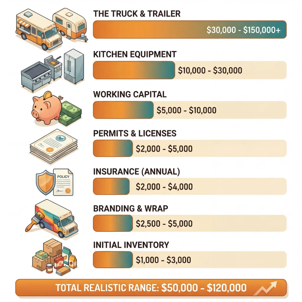 Food truck startup costs breakdown showing seven expense categories from truck purchase to initial inventory with price ranges