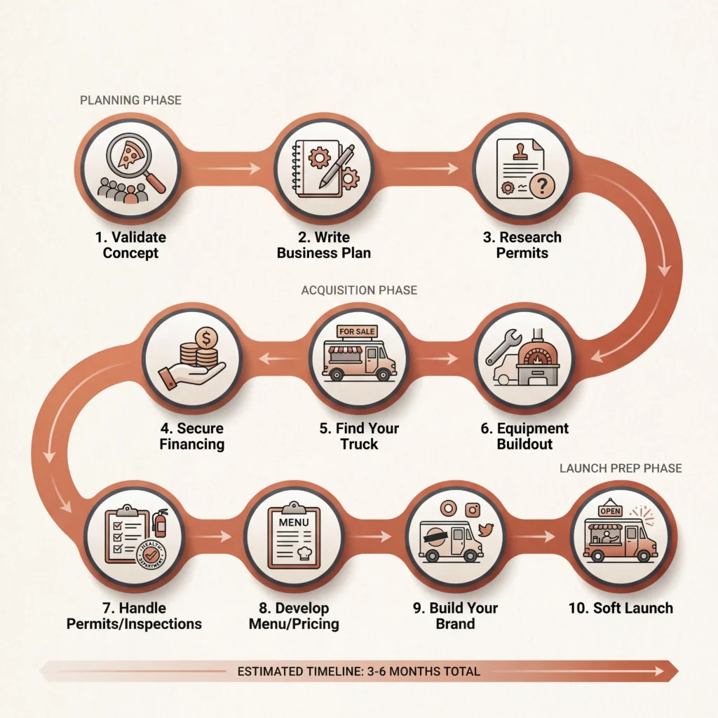 Food truck startup steps flowchart showing ten milestone journey from concept validation through soft launch over three to six months