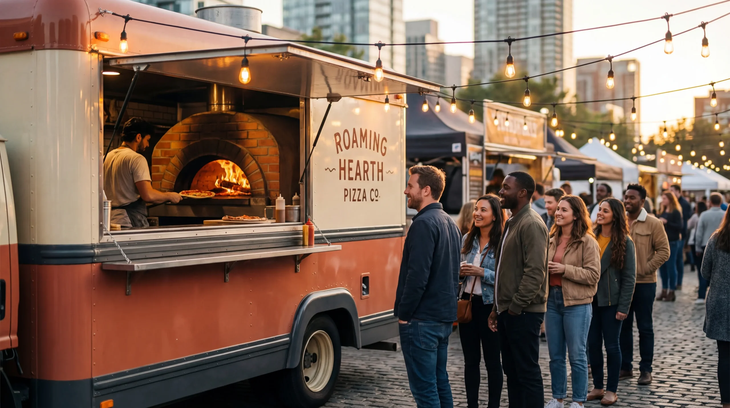 Pizza food truck with wood-fired oven serving customers at a vibrant evening street food event with warm string lights