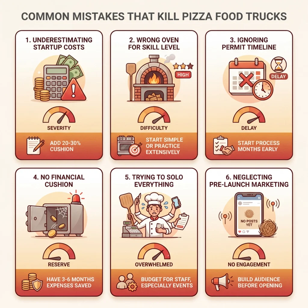 Pizza truck common mistakes checklist showing six critical failure points from underestimating costs to neglecting pre-launch marketing