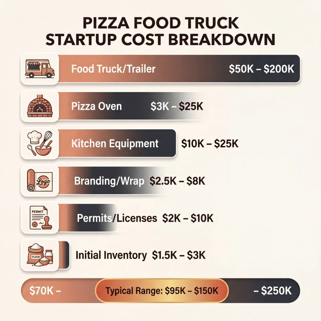 Pizza truck startup costs infographic showing investment ranges from seventy thousand to two hundred fifty thousand dollars across six categories