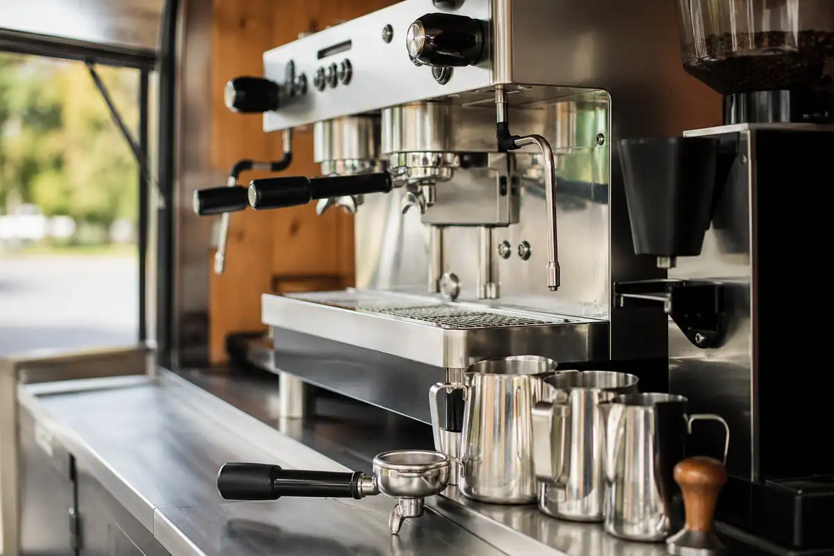 Coffee truck espresso setup A commercial espresso machine, grinder and portafilter on a coffee truck counter