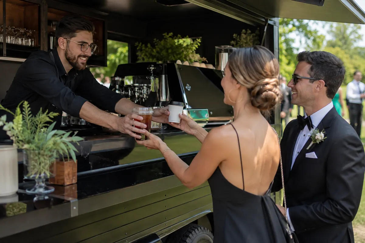 Coffee truck catering an event A barista handing coffee to guests at an outdoor corporate or wedding event