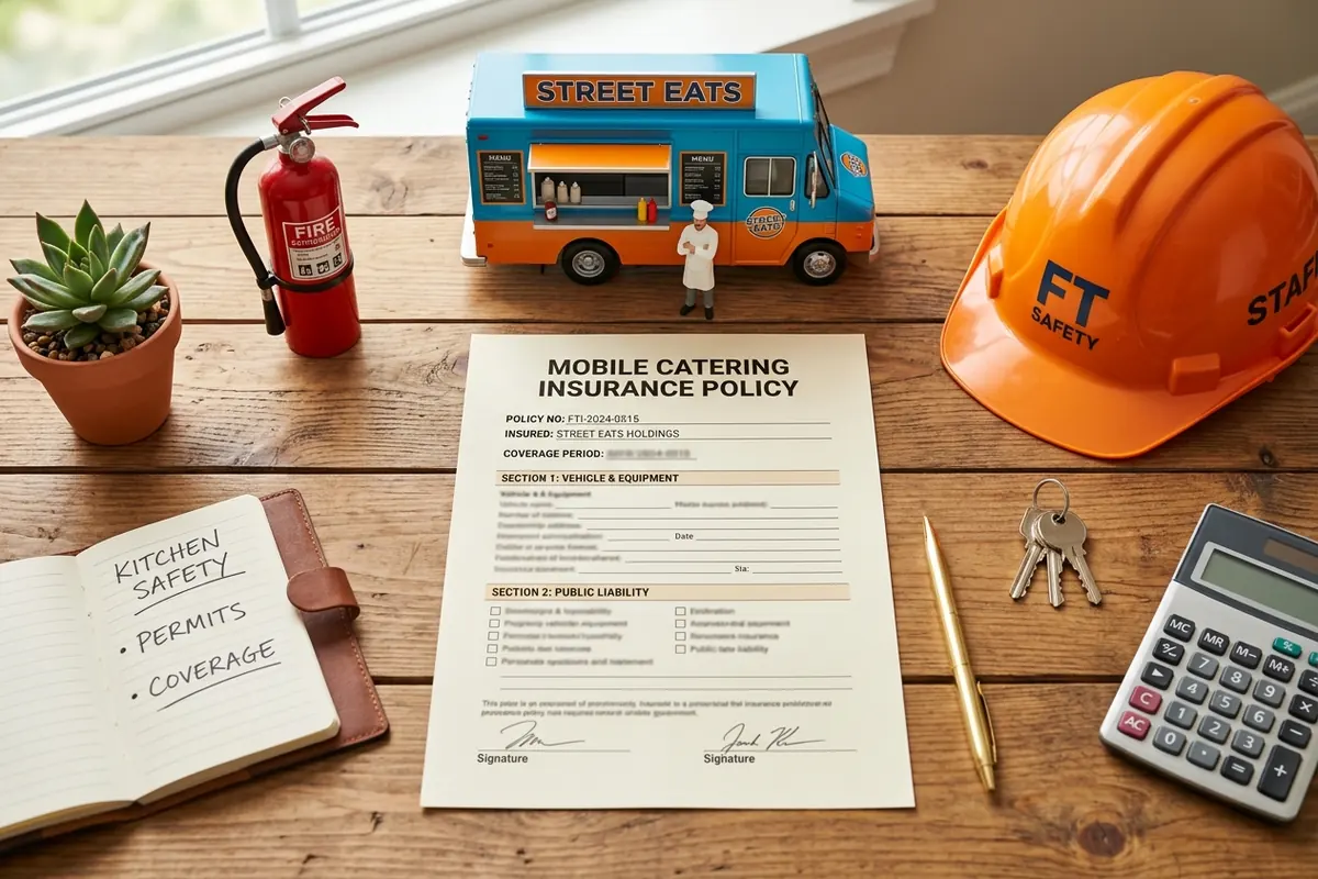 Core food truck insurance coverages A policy document with a small truck and safety items representing core insurance coverages