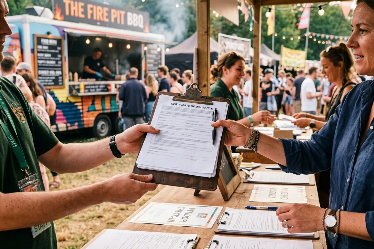 Certificate of insurance for a vendor permit A certificate of insurance handed over at a festival vendor check-in with a food truck behind