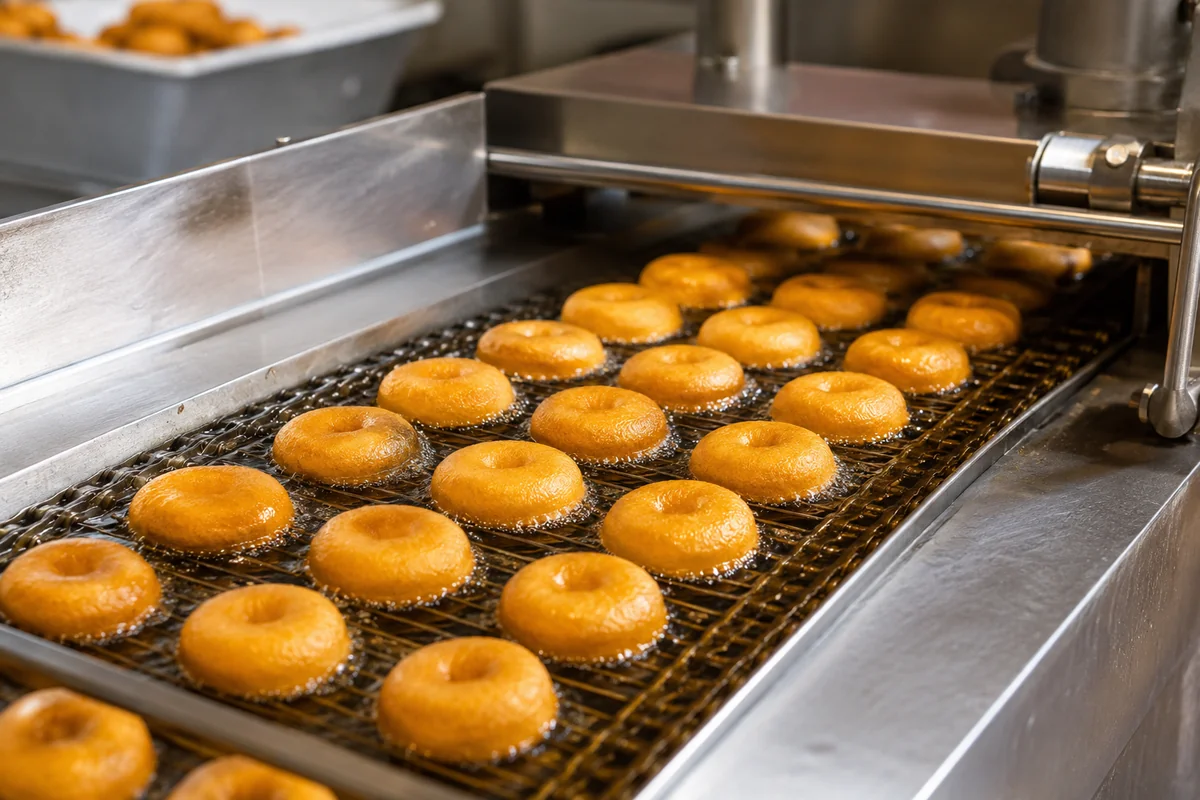 Automatic mini-donut machine An automatic mini-donut machine frying rows of mini donuts on a conveyor