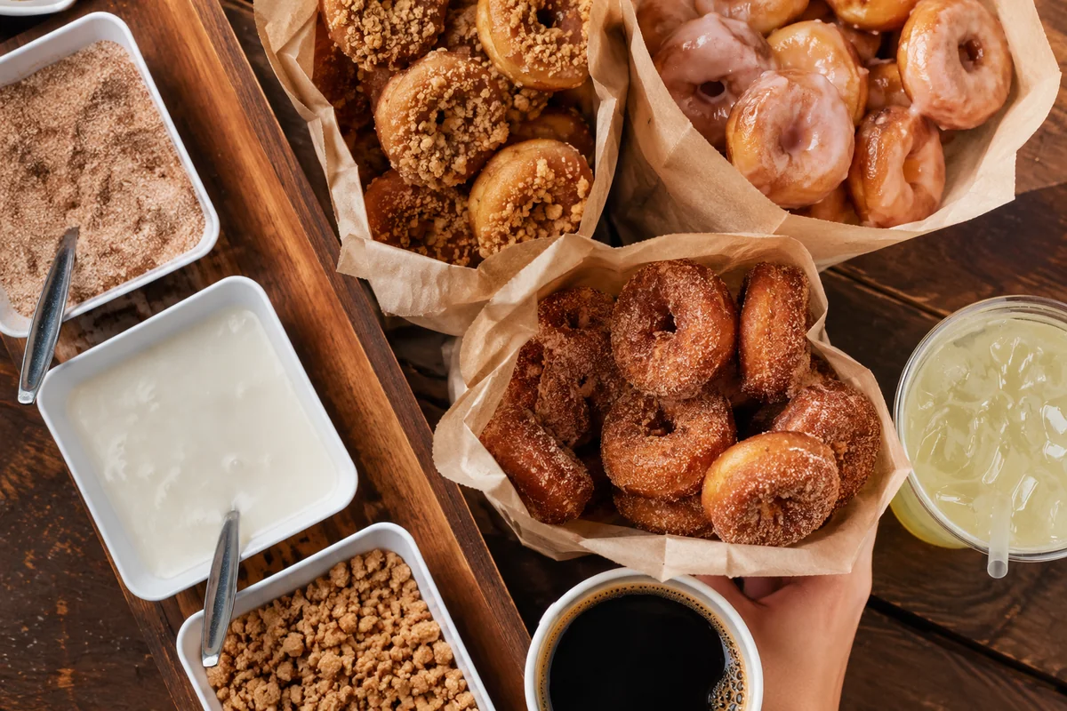 Mini donut menu with toppings Bags of mini donuts with a toppings bar, a coffee and a fresh lemonade