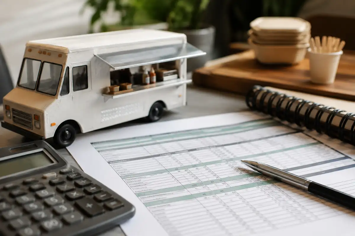 Food truck startup budget A printed startup budget spreadsheet with a calculator and a small model food truck