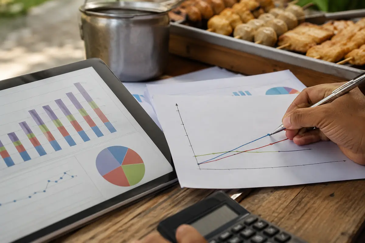 Food truck financial projections Financial projection charts and a break-even graph with a pen tracing a profit line