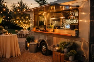 Catering, Events & Rentals hub hero, a food truck set up to serve a string-lit private event at golden hour