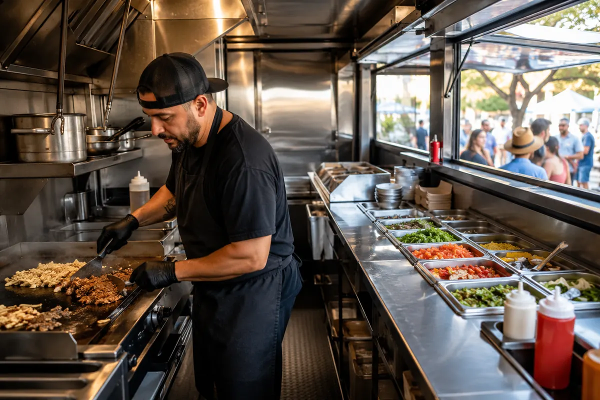 Food truck kitchen workflow layout A stainless food truck interior with a hot line, cold rail and service window in sequence