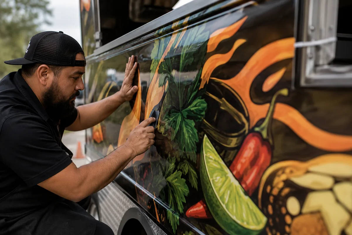 Food truck wrap and branding A food truck exterior wrap with bold high-contrast lettering and a clear logo