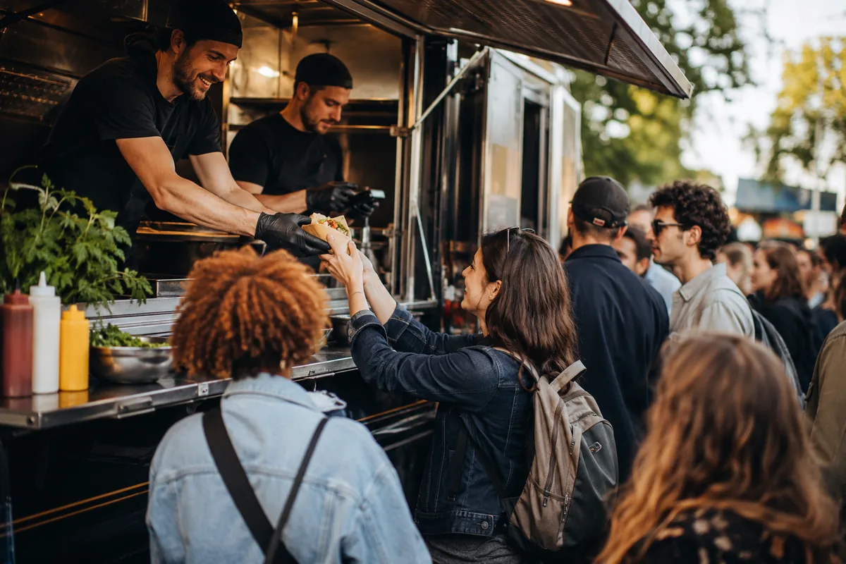 Festival service rush at the window A food truck window with a long line, staff handing out food and taking card payments