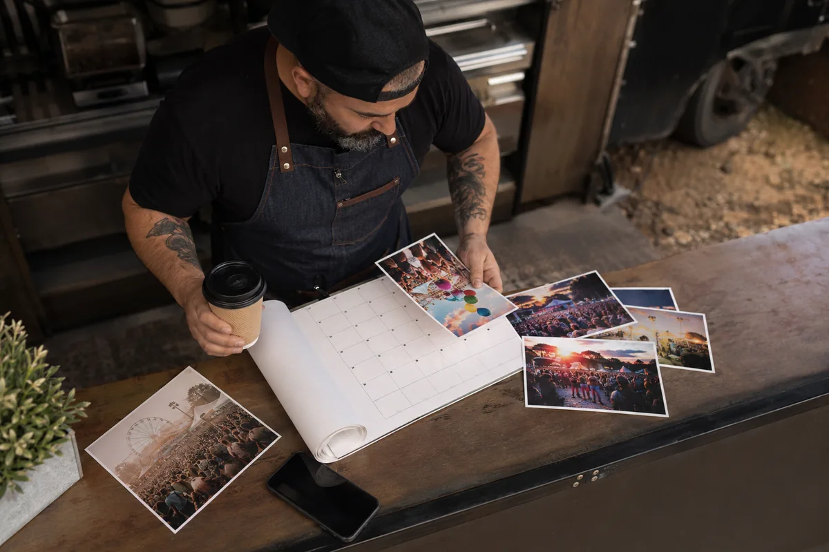 Choosing food truck festivals Festival flyers and a calendar with a phone, choosing which events to apply to