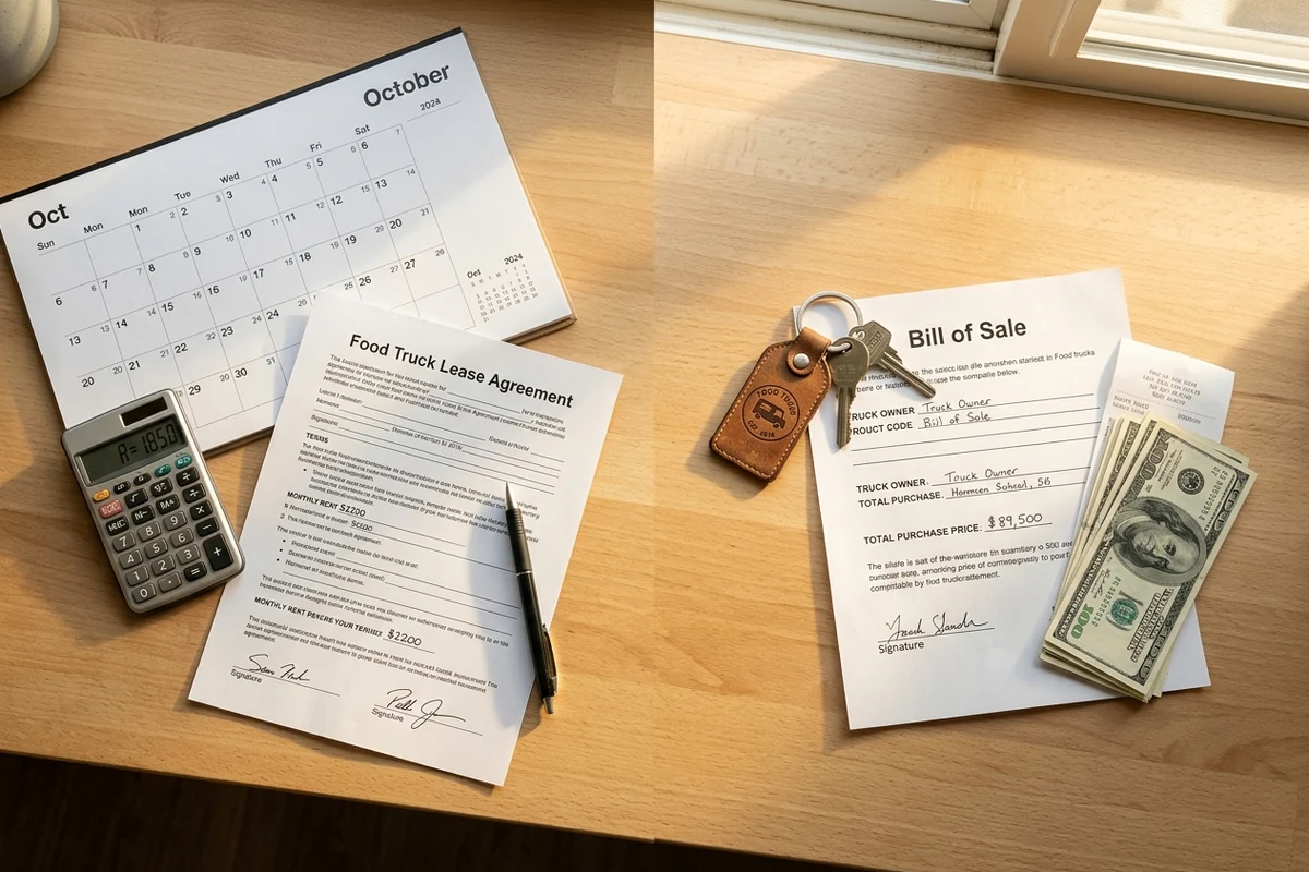 Rent versus buy a food truck A lease document, calculator and truck keys illustrating the rent-versus-buy decision