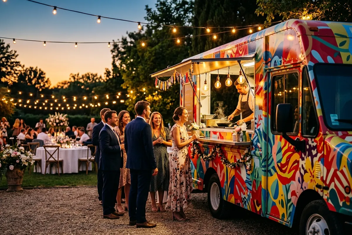 A rented food truck catering an event A food truck serving guests at an outdoor private event with string lights at dusk