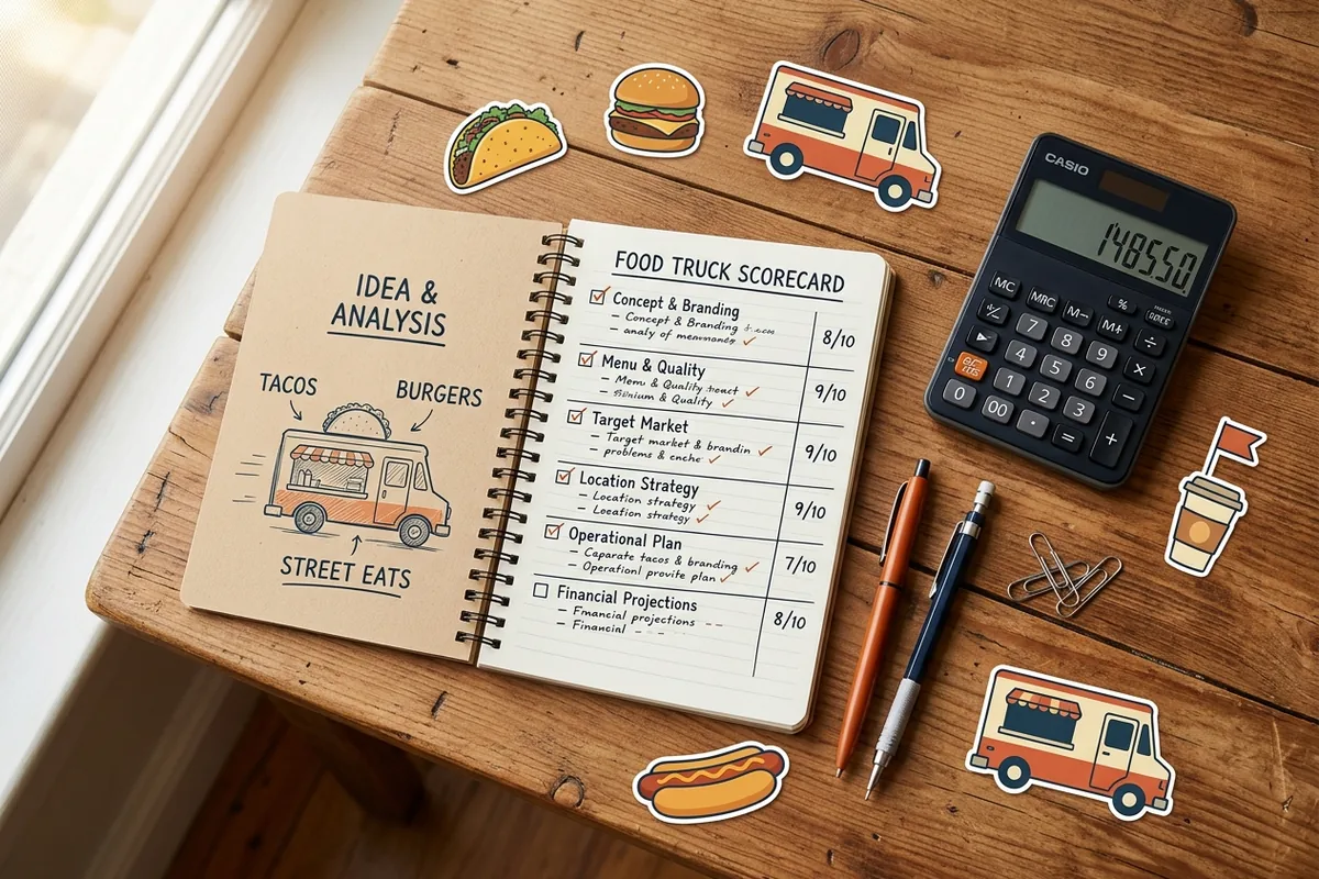 Scoring a food truck idea A notebook scorecard and calculator evaluating a food truck concept on a clean desk
