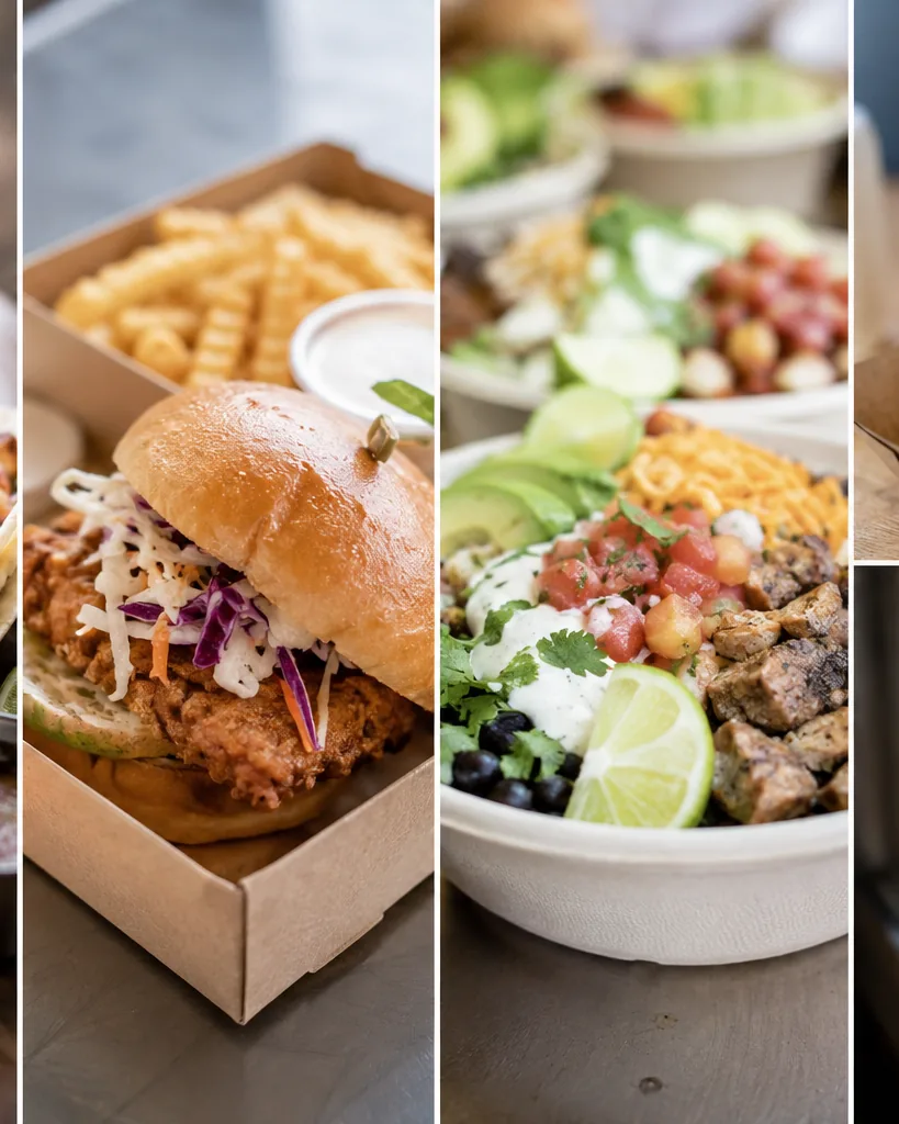 A grid of food-truck dishes: a fried chicken sandwich with fries and two grain bowls