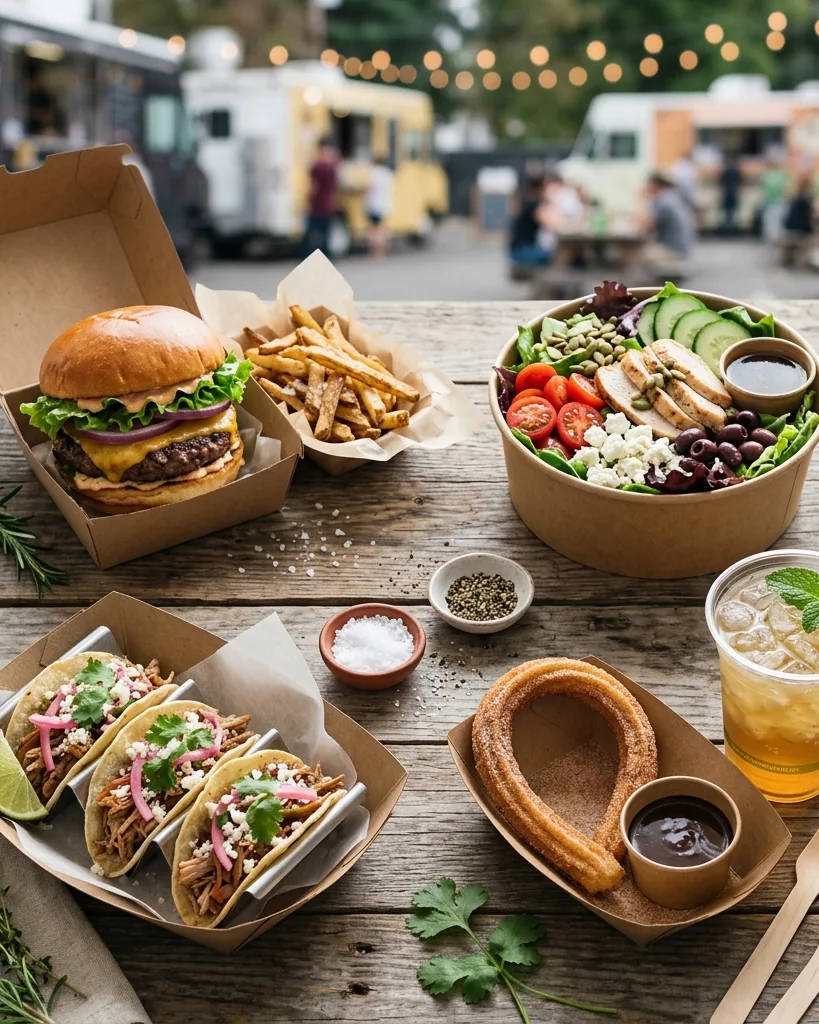 Food-truck dishes on a picnic table with trucks behind: burger, fries, tacos, a bowl, and a churro