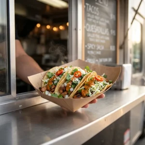 Food Truck Menus, Recipes & Ideas hub hero, a fresh loaded street-food order in a paper tray at the serving window