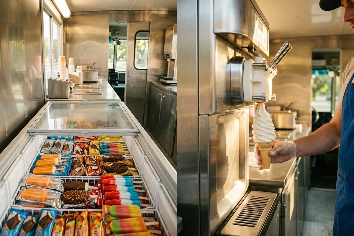 Novelty freezer versus soft serve A chest freezer of novelty treats beside a soft-serve machine swirling a cone