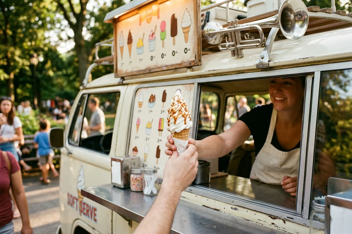 Ice cream truck menu and music A soft-serve cone being handed from an ice cream truck window with a roof speaker visible