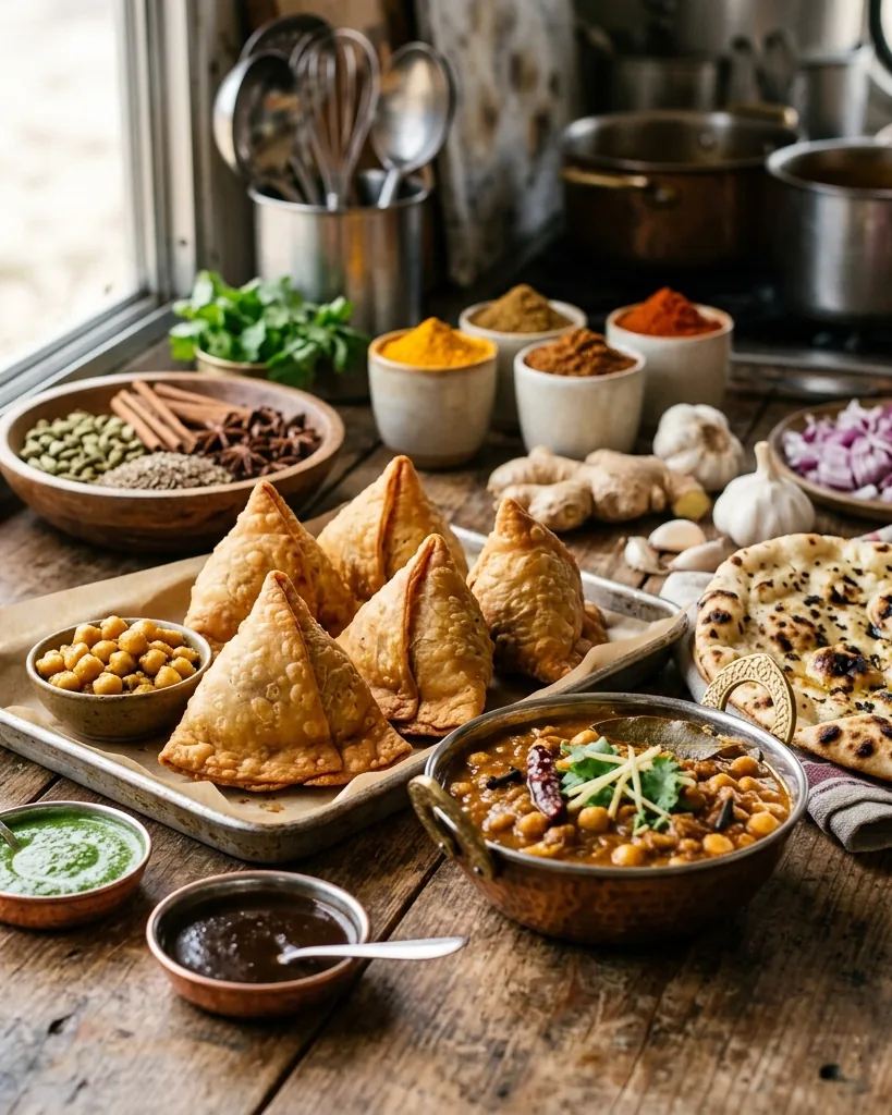Samosas, chickpea curry, naan and bowls of whole spices on a prep table