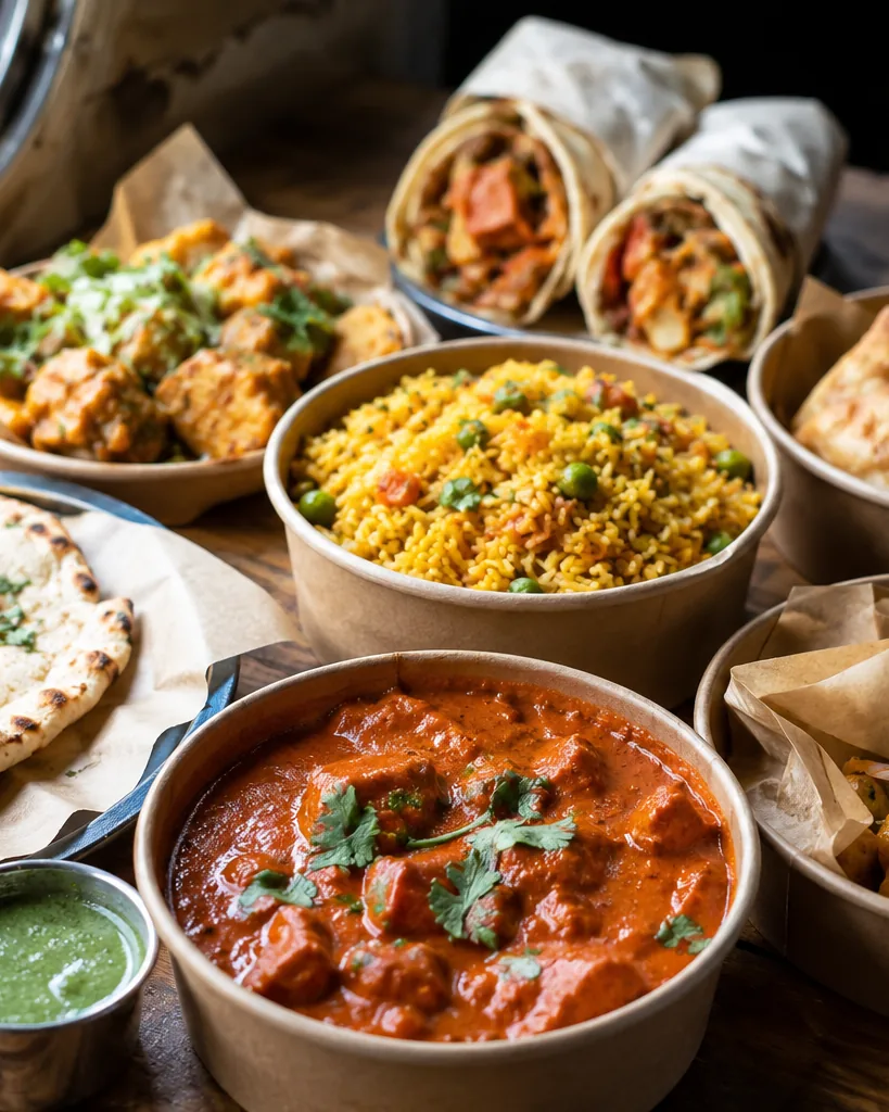 Takeout containers of tikka masala, biryani rice, paneer and kati roll wraps with naan