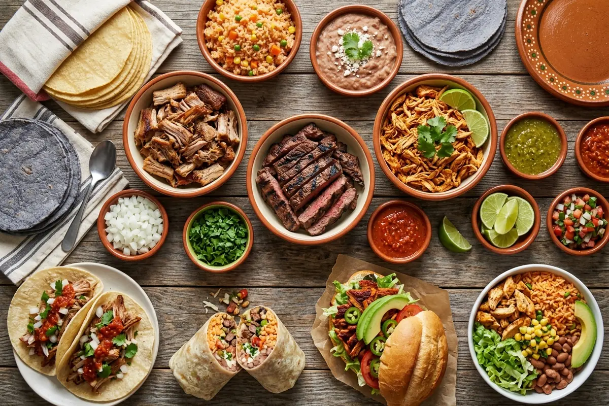 Shared-component Mexican menu An overhead spread of proteins and toppings building tacos, a burrito, a torta and a bowl