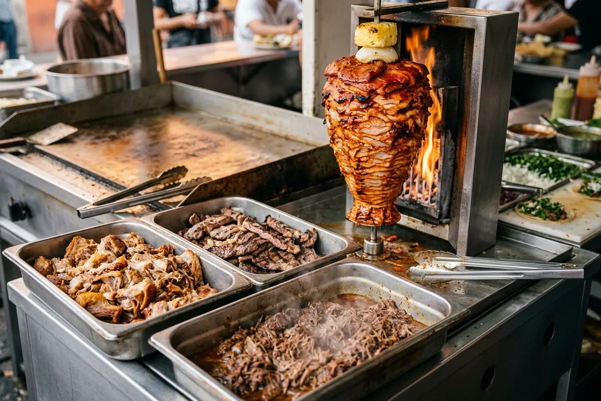 Core Mexican truck proteins A steam table and trompo with al pastor, carnitas, carne asada and barbacoa