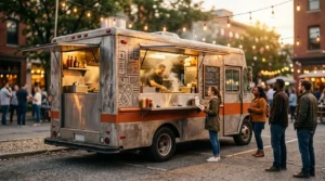 Starting & Running a Food Truck hub hero, a modern food truck with its serving window open and a short line at golden hour