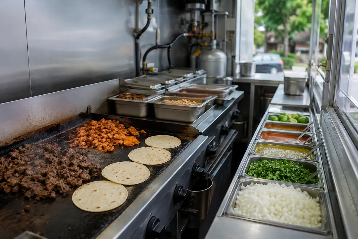 Inside a taco truck kitchen build Stainless taco truck interior with flat-top griddle, steam table, and a cold rail of toppings and salsas