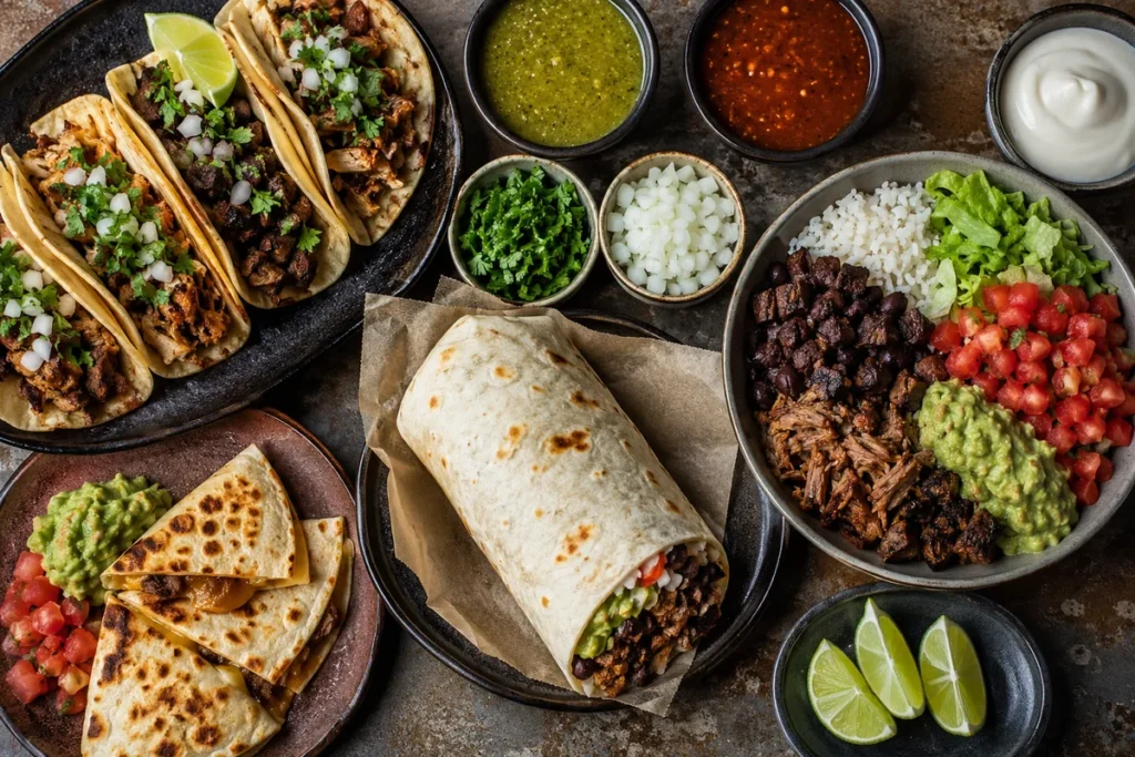 Focused taco truck menu built from shared parts Overhead spread of tacos, a burrito, a quesadilla, and a bowl with three salsas made from shared components