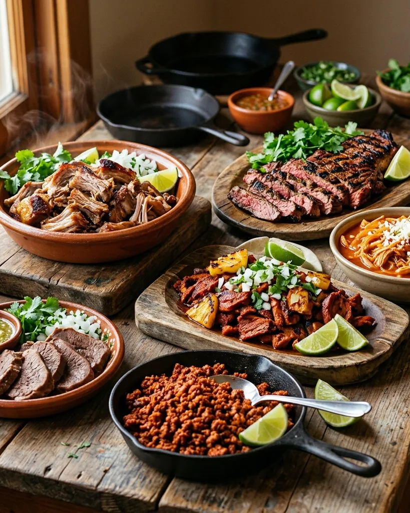 Close-up illustrating the meats on a taco truck menu, explained