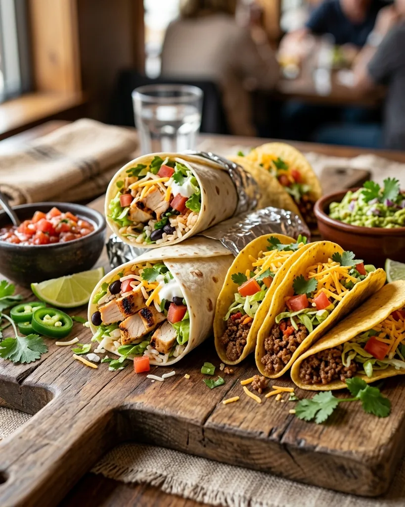 Detail view of tacos, burritos, and the rest