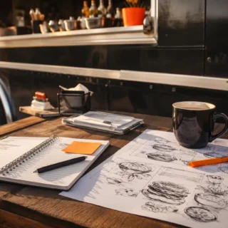 Business Plan, a notebook and a hand-sketched menu on a desk beside a food truck