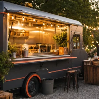 Catering, a food truck set up to serve a string-lit outdoor event in warm light