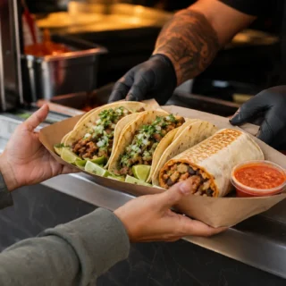 Mexican, a spread of tacos and a burrito handed across a Mexican food truck serving window